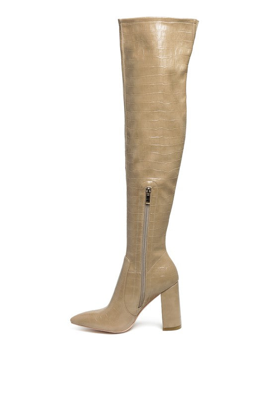 LONDON RAG KNEE HIGH PRINT BLOCK HEELED BOOT - lolaluxeshop