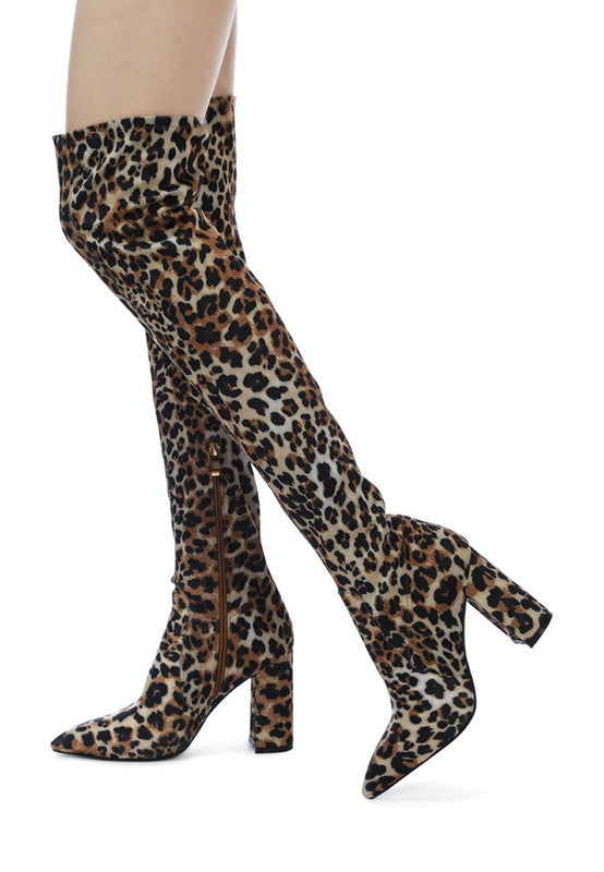 LONDON RAG KNEE HIGH PRINT BLOCK HEELED BOOT - lolaluxeshop