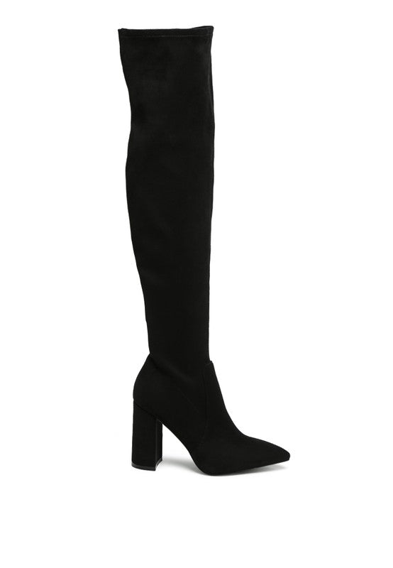 LONDON RAG KNEE HIGH PRINT BLOCK HEELED BOOT - lolaluxeshop