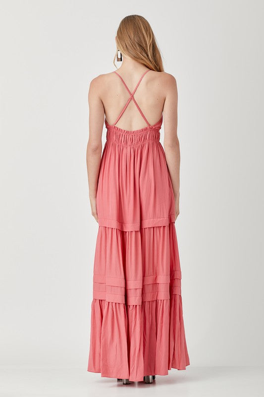 SHIRRED RUFFLE FOLDED DETAIL MAXI DRESS - LOLA LUXE