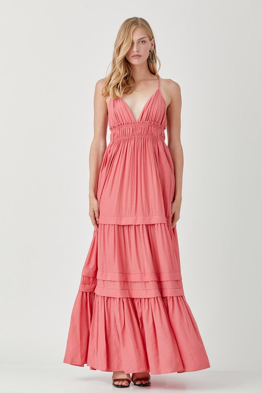 SHIRRED RUFFLE FOLDED DETAIL MAXI DRESS - LOLA LUXE