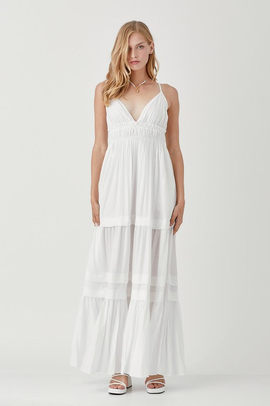 SHIRRED RUFFLE FOLDED DETAIL MAXI DRESS - LOLA LUXE