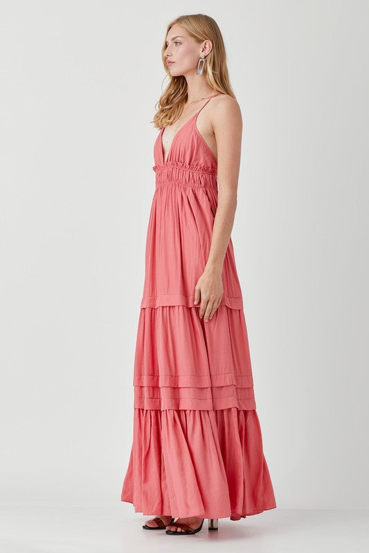 SHIRRED RUFFLE FOLDED DETAIL MAXI DRESS - LOLA LUXE