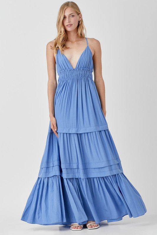 SHIRRED RUFFLE FOLDED DETAIL MAXI DRESS - LOLA LUXE