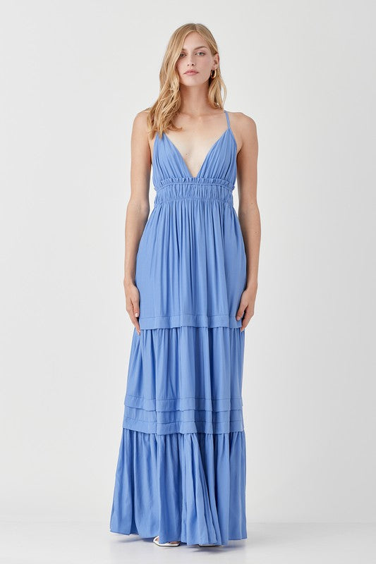 SHIRRED RUFFLE FOLDED DETAIL MAXI DRESS - LOLA LUXE