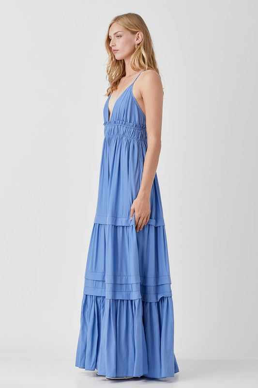 SHIRRED RUFFLE FOLDED DETAIL MAXI DRESS - LOLA LUXE