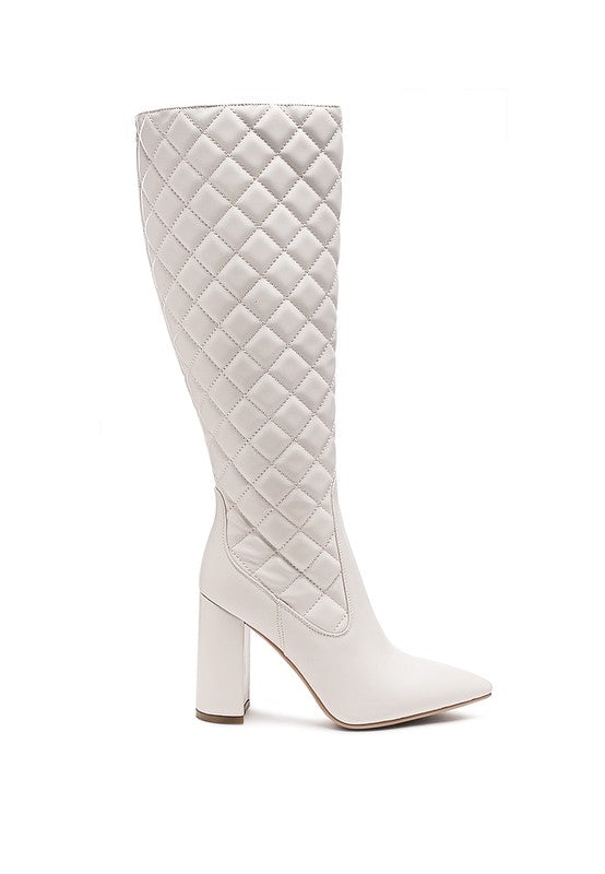 QUILT KNEE HIGH BLOCK HEELED BOOTS - lolaluxeshop