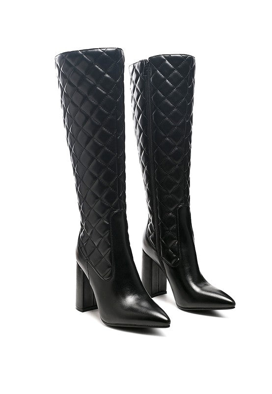 QUILT KNEE HIGH BLOCK HEELED BOOTS - lolaluxeshop