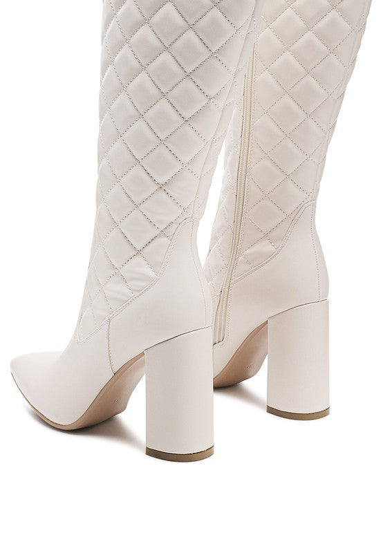 QUILT KNEE HIGH BLOCK HEELED BOOTS - lolaluxeshop