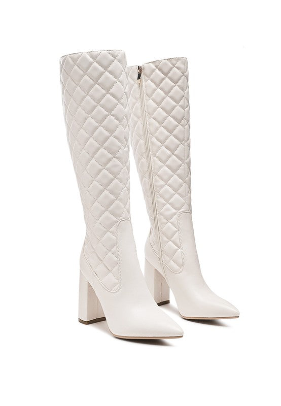 QUILT KNEE HIGH BLOCK HEELED BOOTS - lolaluxeshop