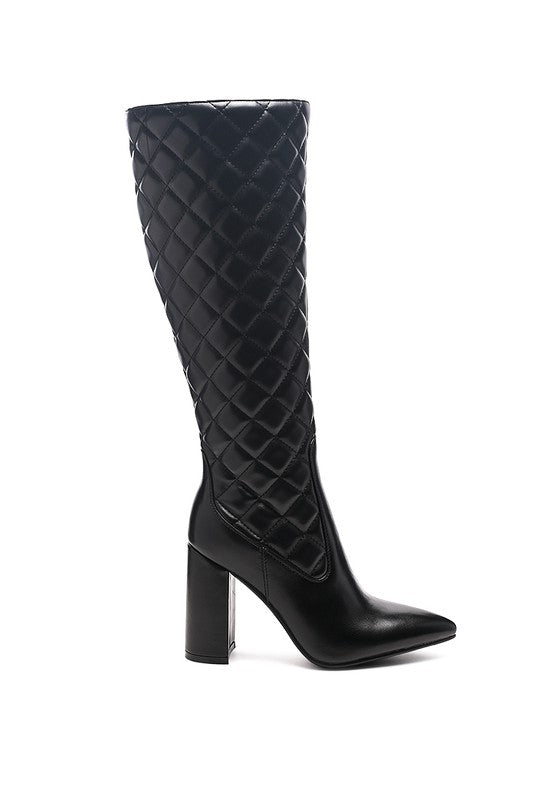 QUILT KNEE HIGH BLOCK HEELED BOOTS - lolaluxeshop