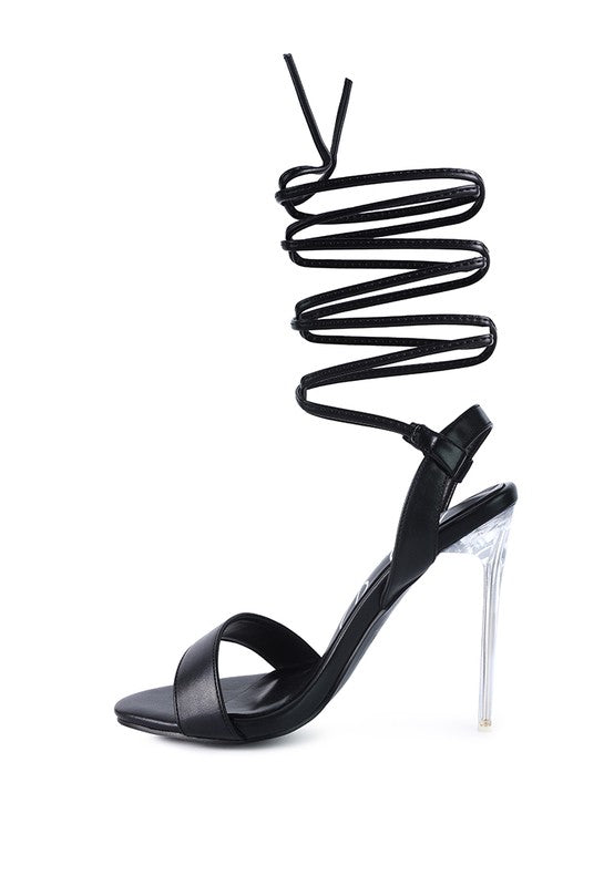 SHEENY CLEAR STILETTO LACE UP SANDAL - lolaluxeshop