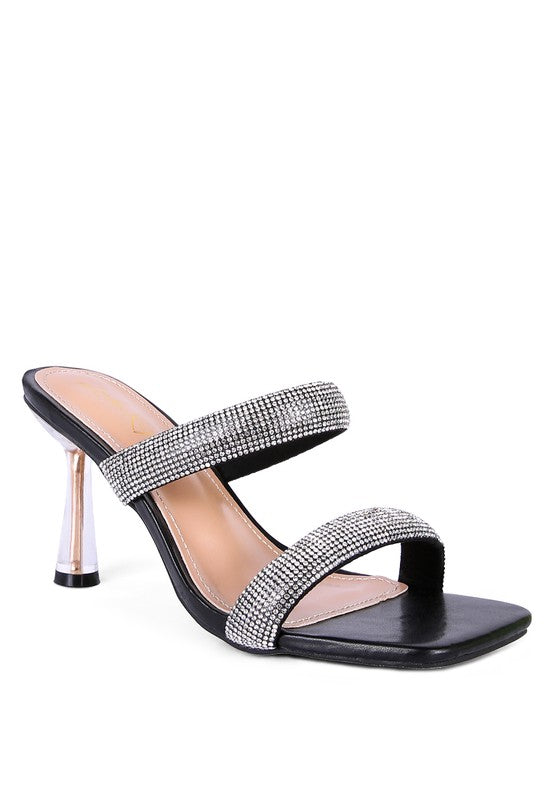 DOLLS DIAMANTE MID HEEL SLIDE SANDALS - lolaluxeshop