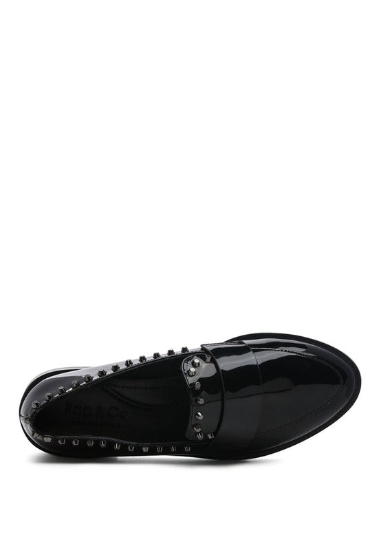 EMILIA Black Shine Forever Stud Penny Loafers - lolaluxeshop