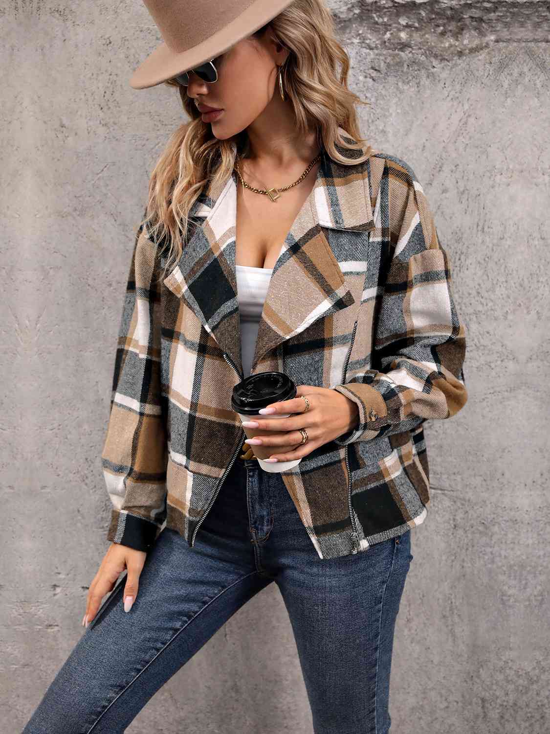 Plaid Collared Neck Long Sleeve Jacket - lolaluxeshop