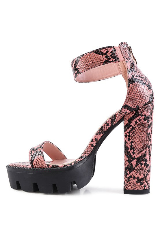 RATTLE SNAKE PRINT HIGH HEELED BLOCK SANDAL - lolaluxeshop