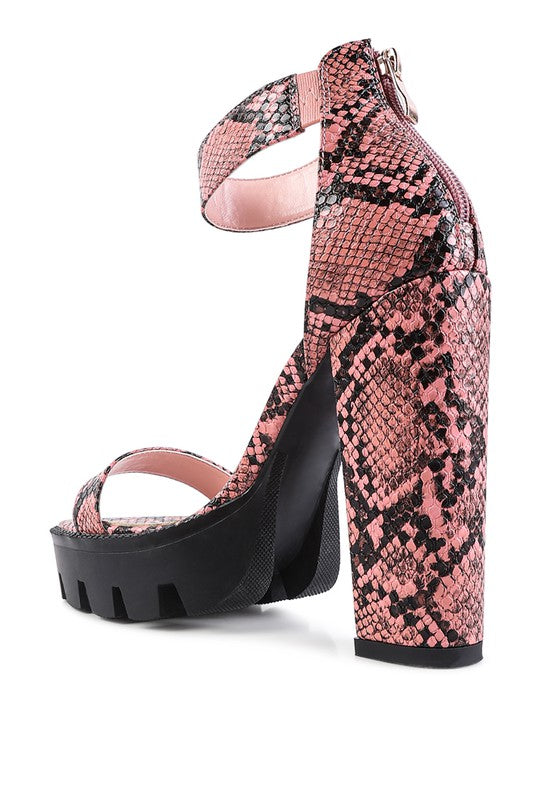 RATTLE SNAKE PRINT HIGH HEELED BLOCK SANDAL - lolaluxeshop