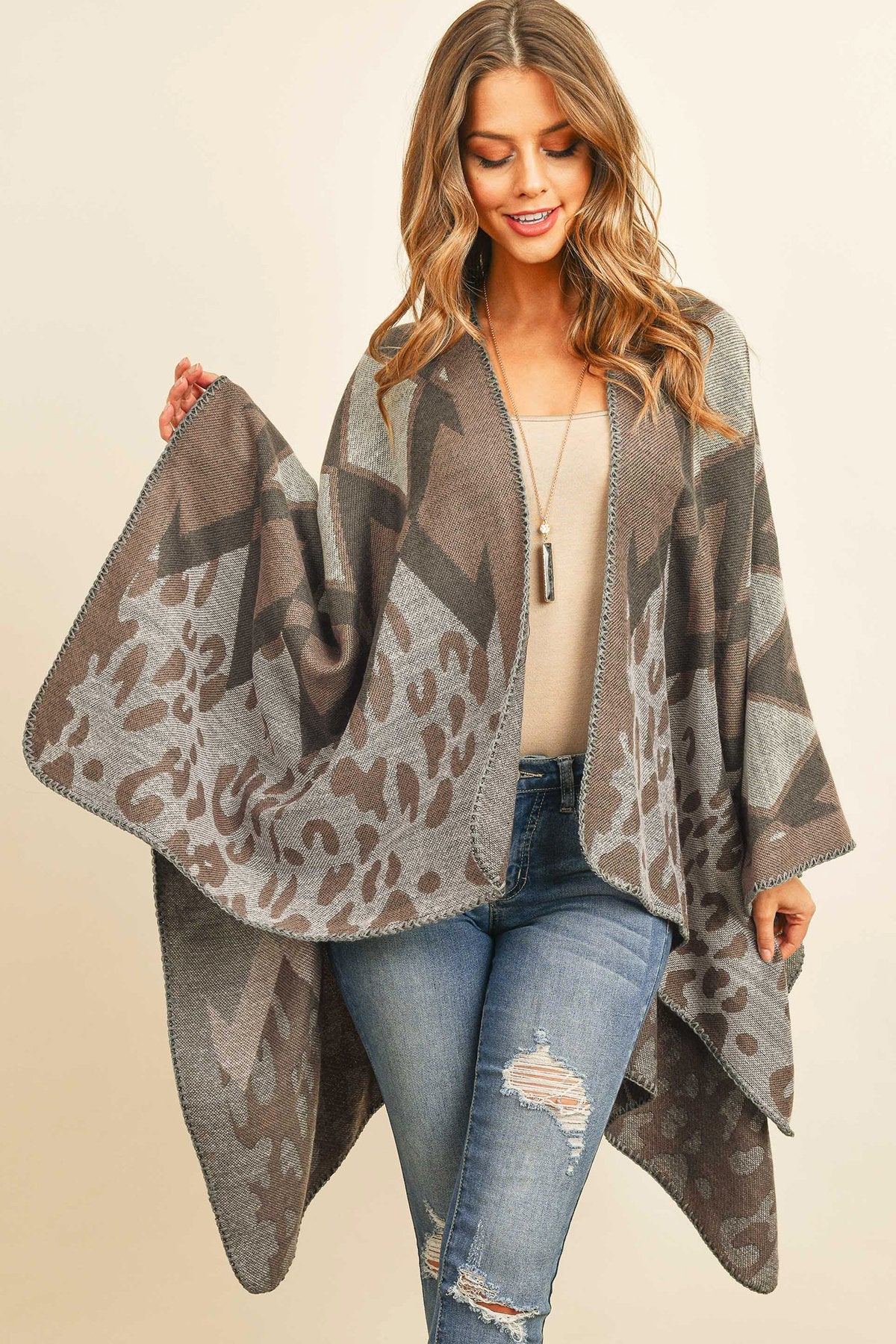 Hdf3142-Chevron Leopard Open Front Kimono - LOLA LUXE