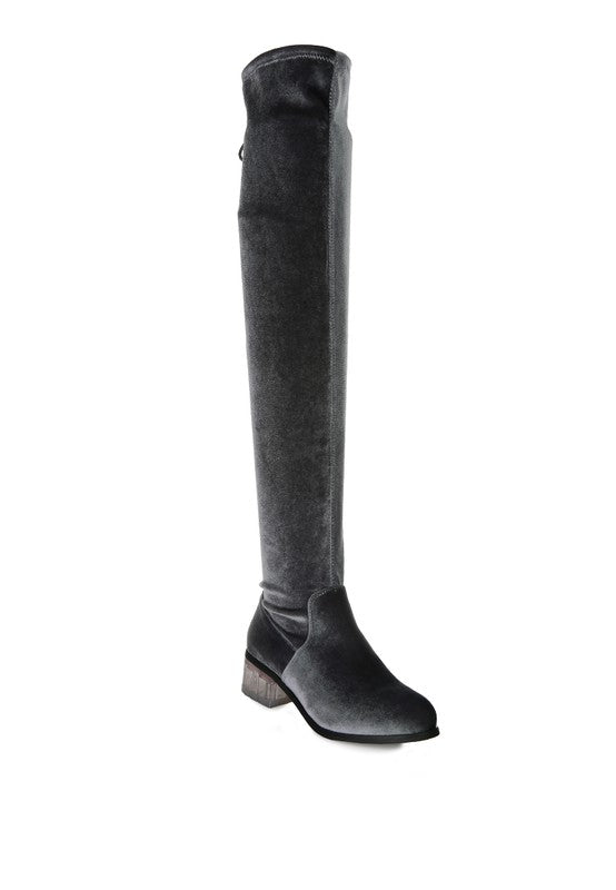 RUMPLE Velvet Over The Knee Clear Heel Boots - lolaluxeshop