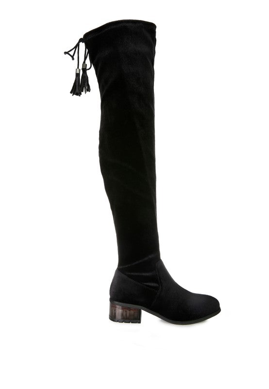 RUMPLE Velvet Over The Knee Clear Heel Boots - lolaluxeshop