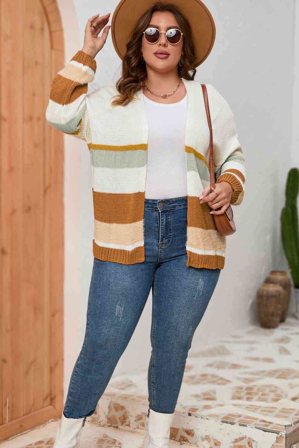 Plus Size Color Block Long Sleeve Cardigan - lolaluxeshop