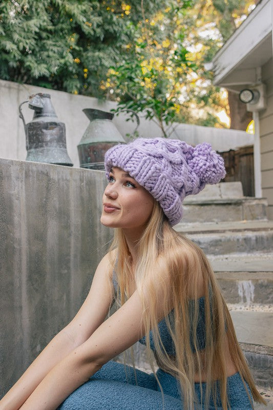 Oversized Chunky Knit Pom Beanie - LOLA LUXE