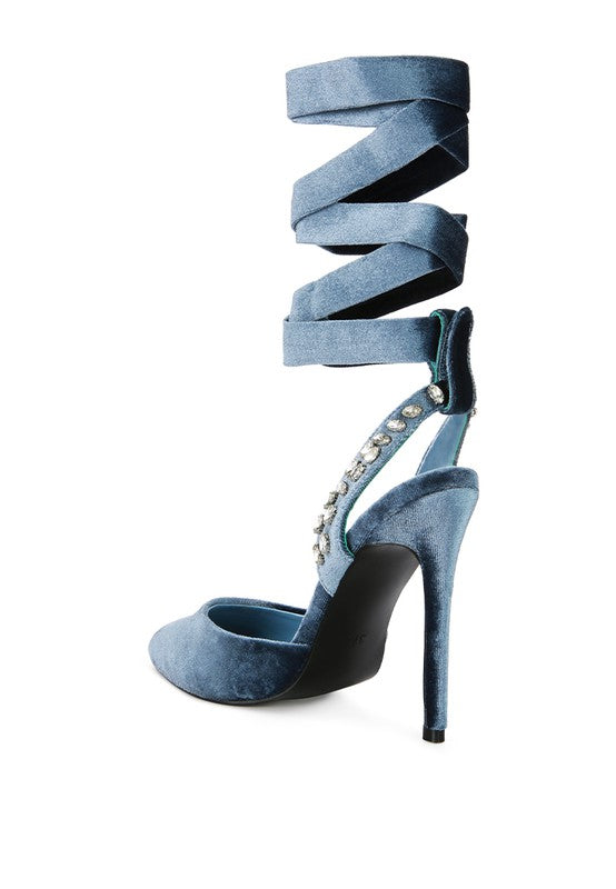 WALLIS Velvet Diamante Tie Up High Heeled Sandals - lolaluxeshop