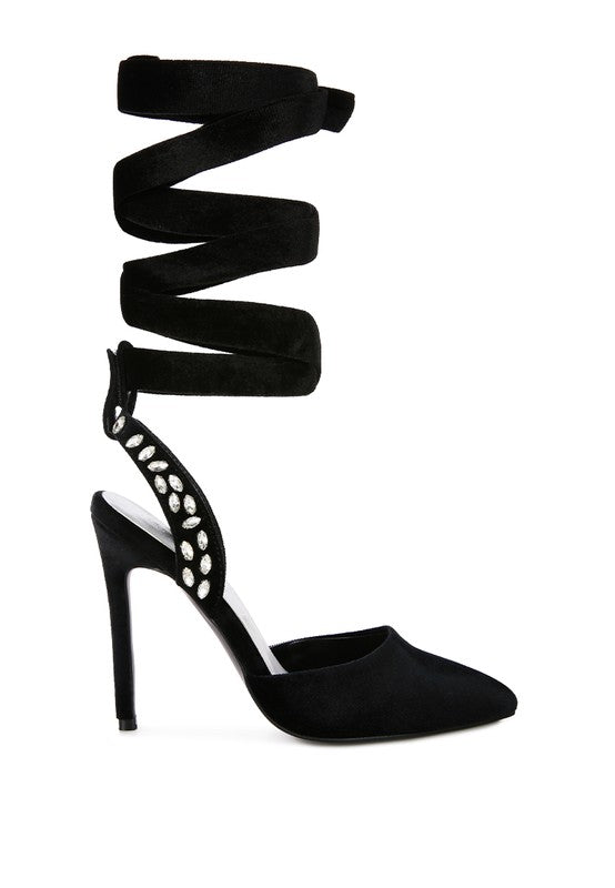 WALLIS Velvet Diamante Tie Up High Heeled Sandals - lolaluxeshop