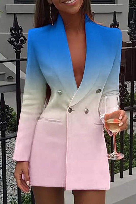 DOUBLE BREASTED OMBRE COLORBLOCK BLAZER DRESS - lolaluxeshop