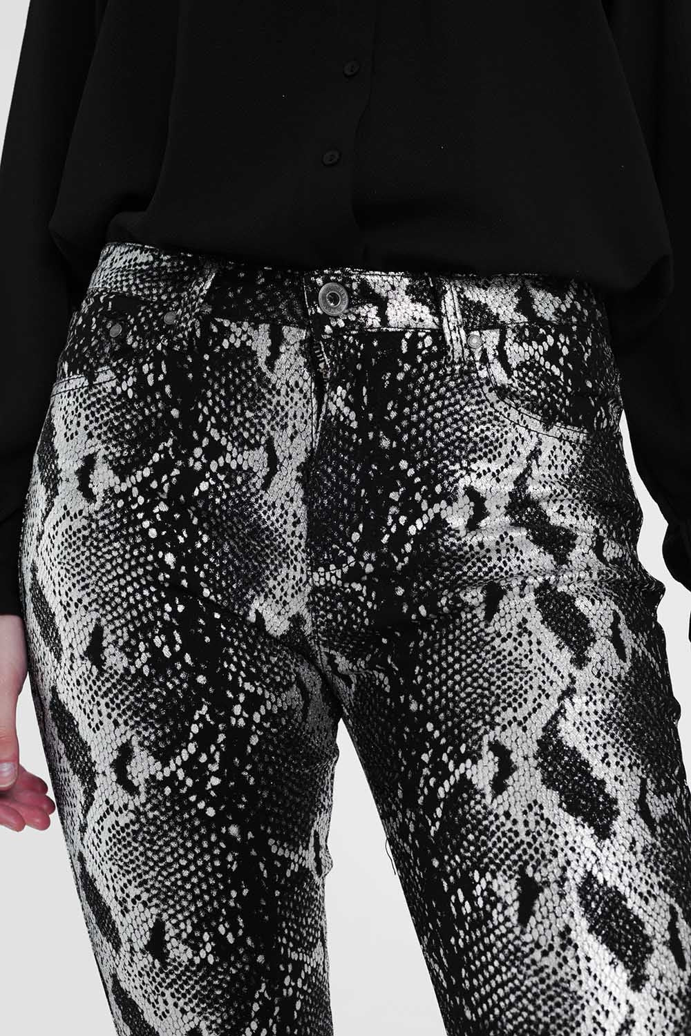 Black Skinny Shiny Printed Pants - LOLA LUXE