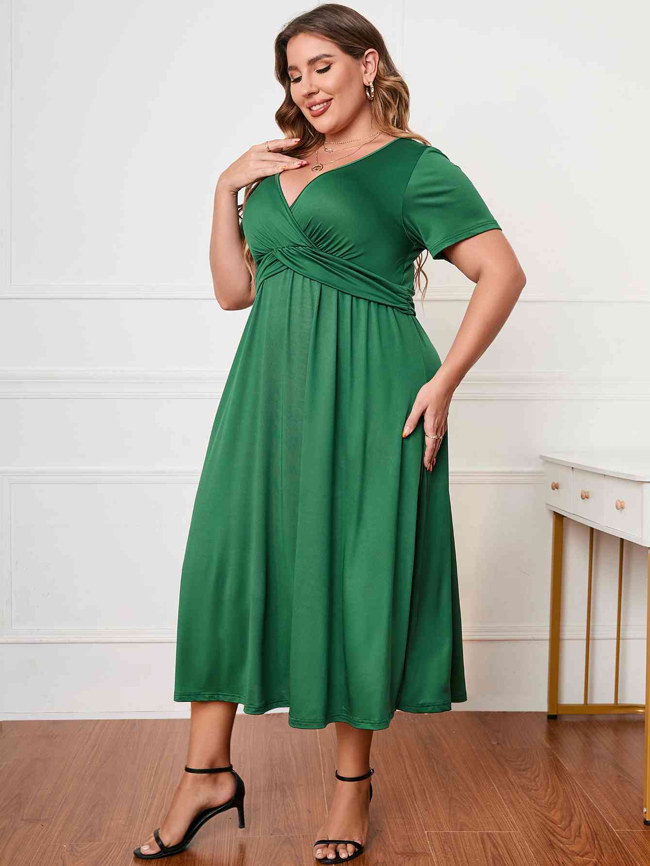 Plus Size Short Sleeve Surplice Neck Midi Dress - lolaluxeshop