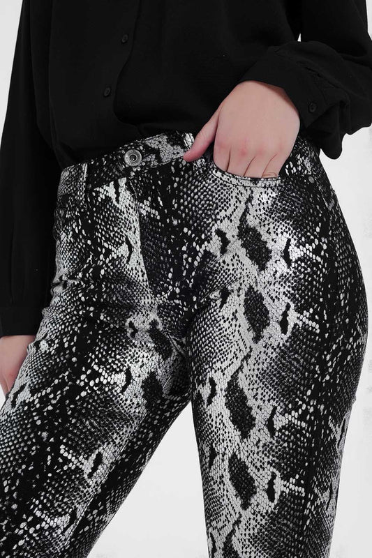 Black Skinny Shiny Printed Pants - LOLA LUXE