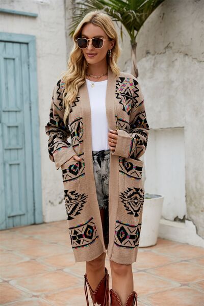 Pocketed Geometric Open Front Dropped Shoulder Cardigan - lolaluxeshop