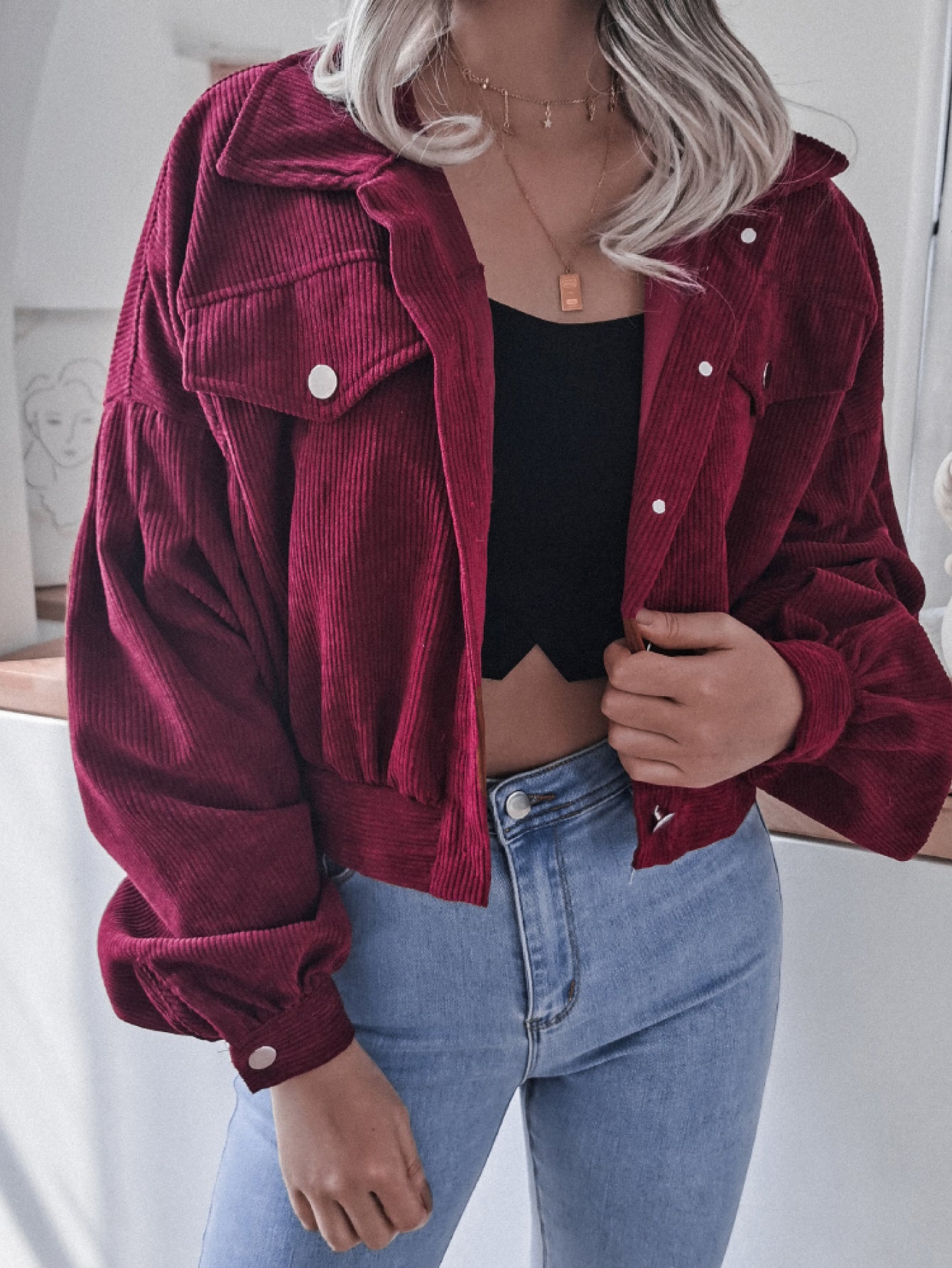 Lantern Sleeve Cropped Corduroy Jacket - LOLA LUXE