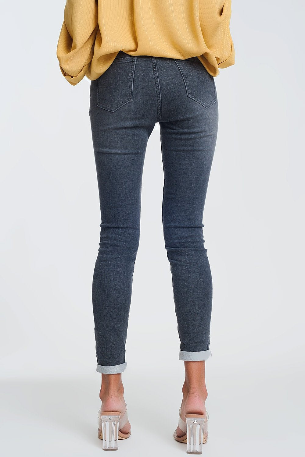 High Waisted Denim Jeans in Glitter Fabric - LOLA LUXE