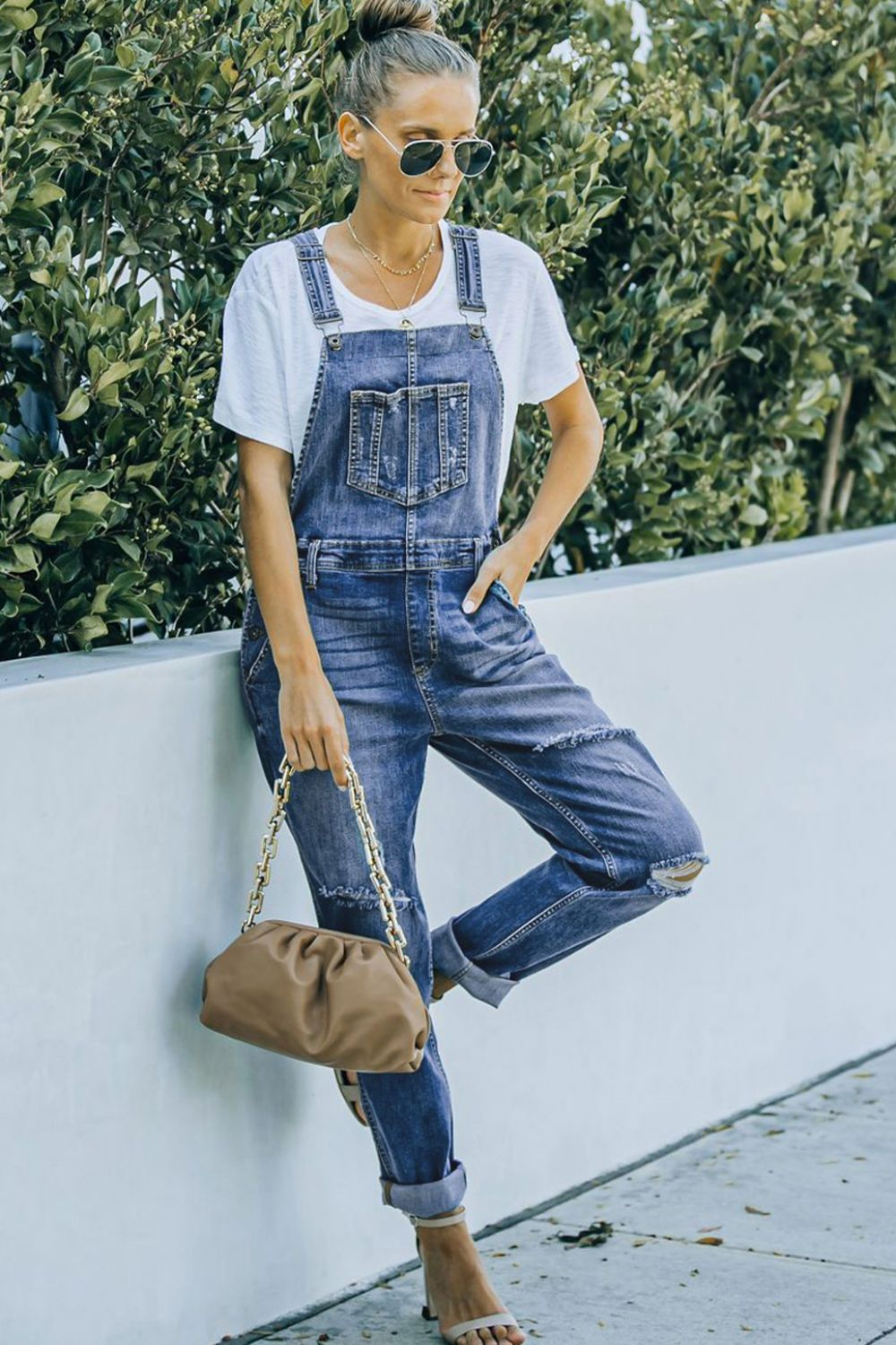 Pocketed Distressed Denim Overalls - LOLA LUXE