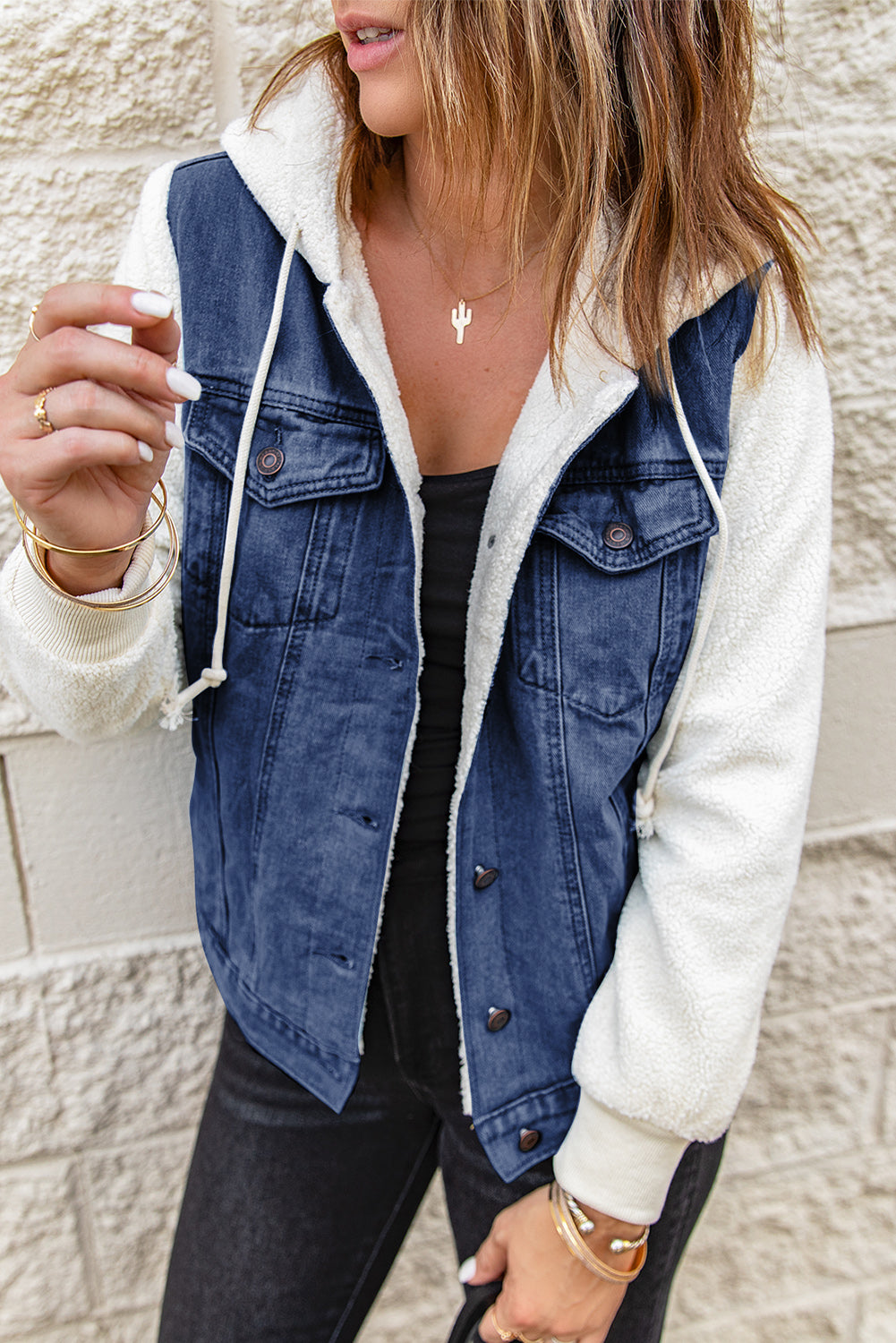 Two-Tone Spliced Denim Sherpa Hooded Jacket - LOLA LUXE