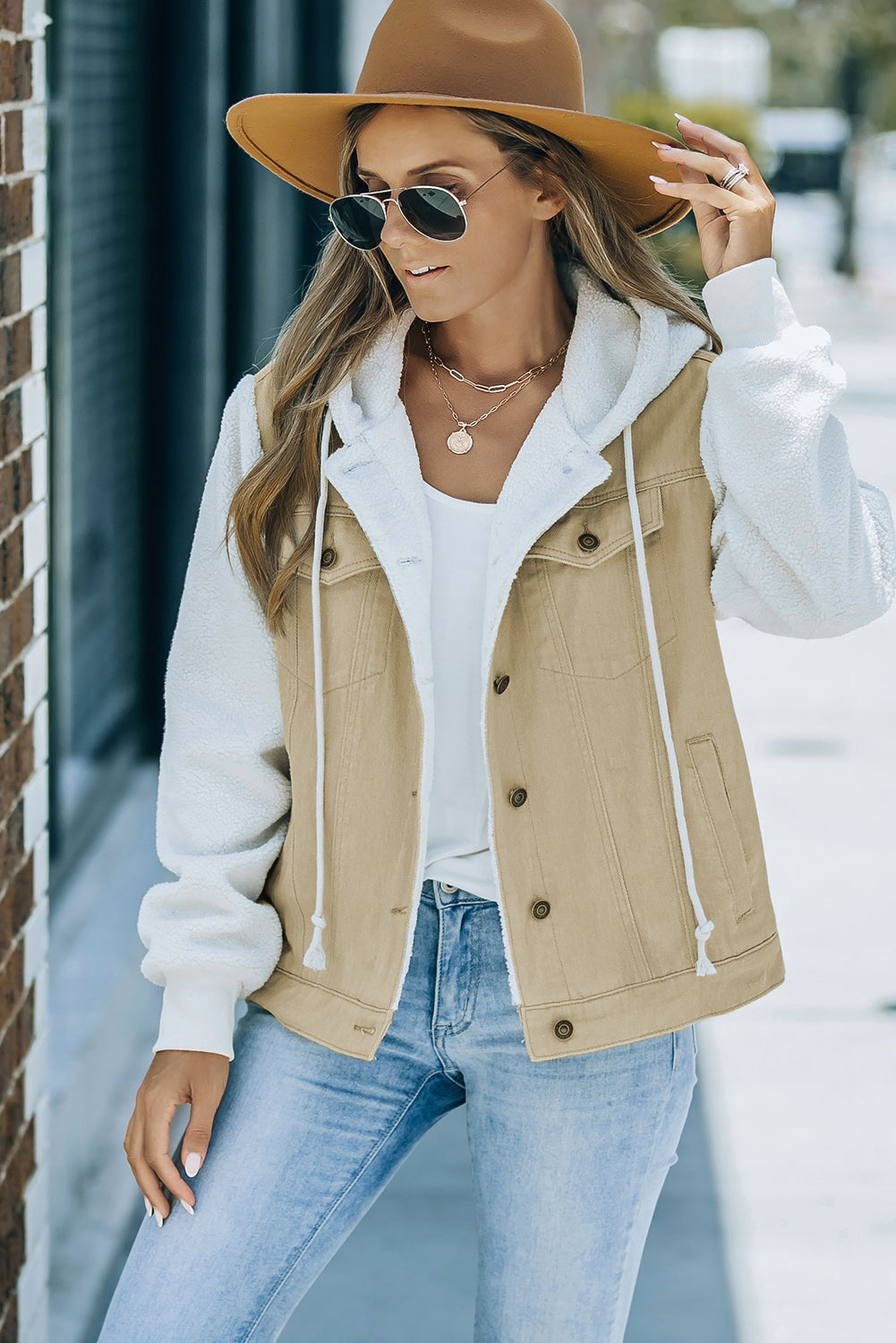 Two-Tone Spliced Denim Sherpa Hooded Jacket - LOLA LUXE