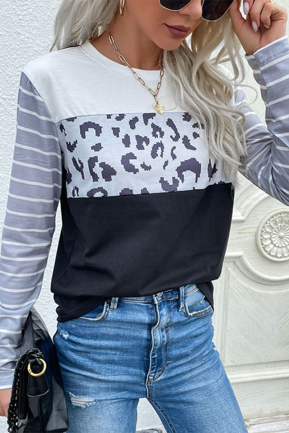 Mixed Print Round Neck Tee Shirt - LOLA LUXE