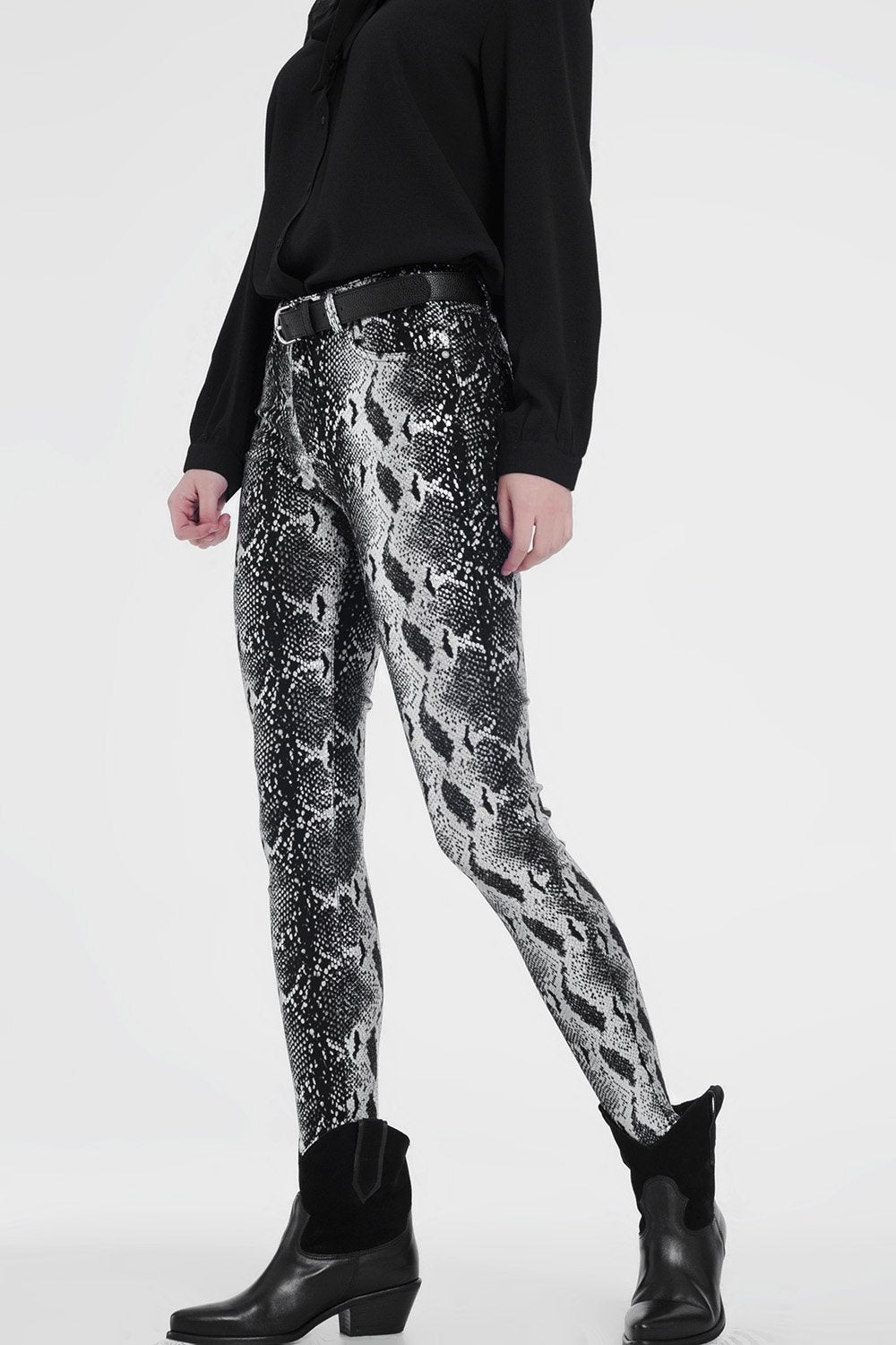 Black Skinny Shiny Printed Pants - LOLA LUXE