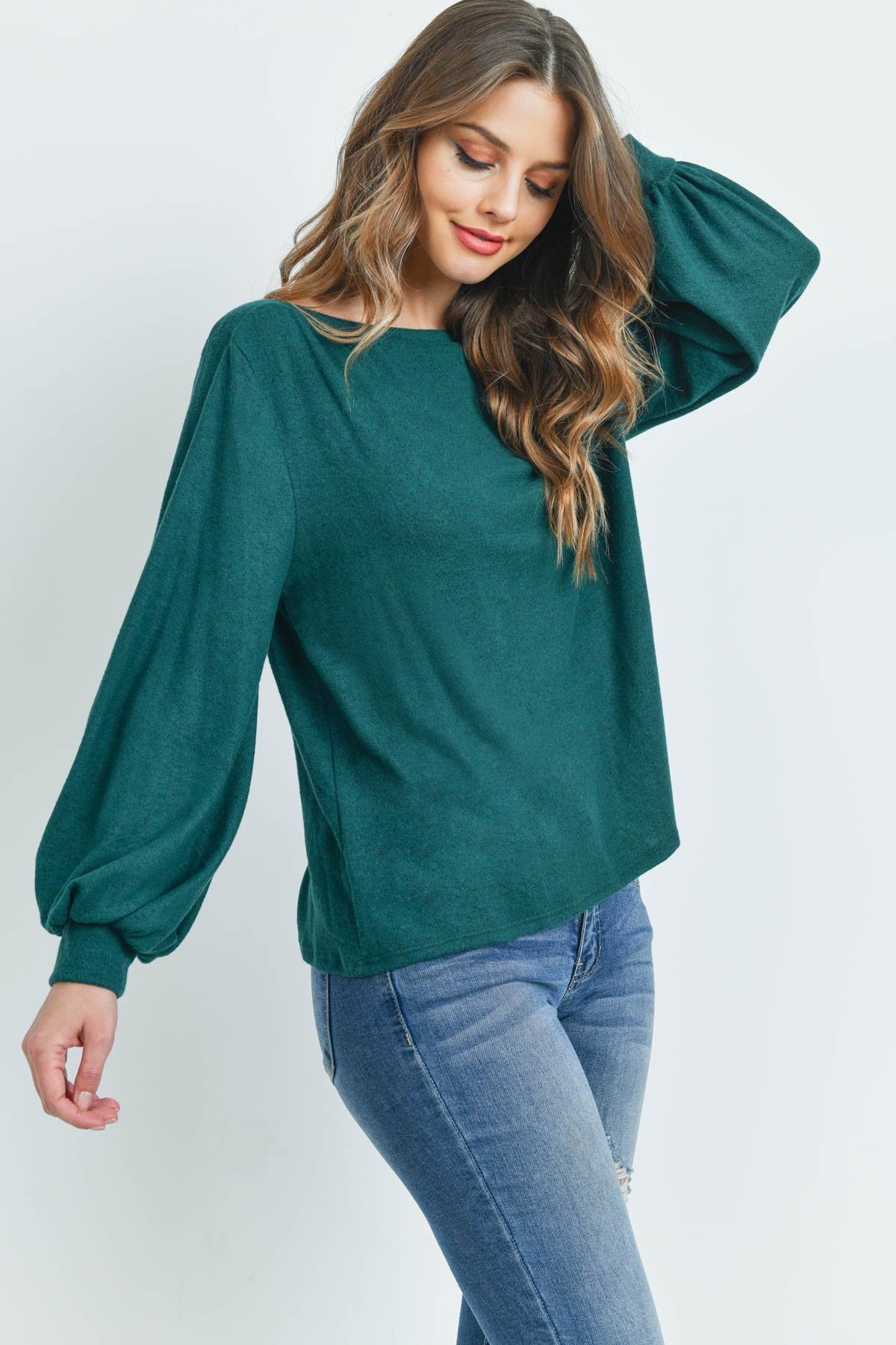 Puff Sleeved Boat Neck Two Toned Brushed Hacci Top - LOLA LUXE