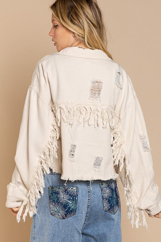 Fringe Distressed Crop Denim Jacket - LOLA LUXE