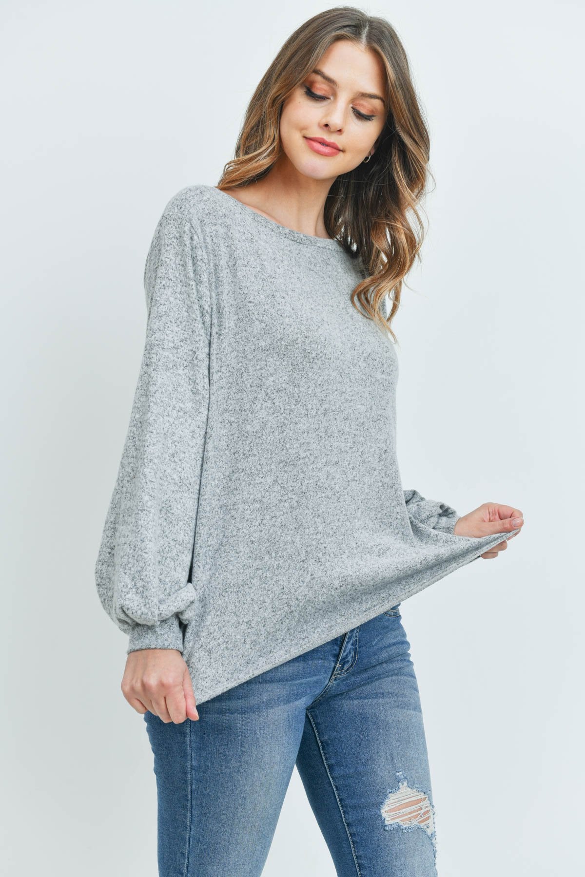 Puff Sleeved Boat Neck Two Toned Brushed Hacci Top - LOLA LUXE