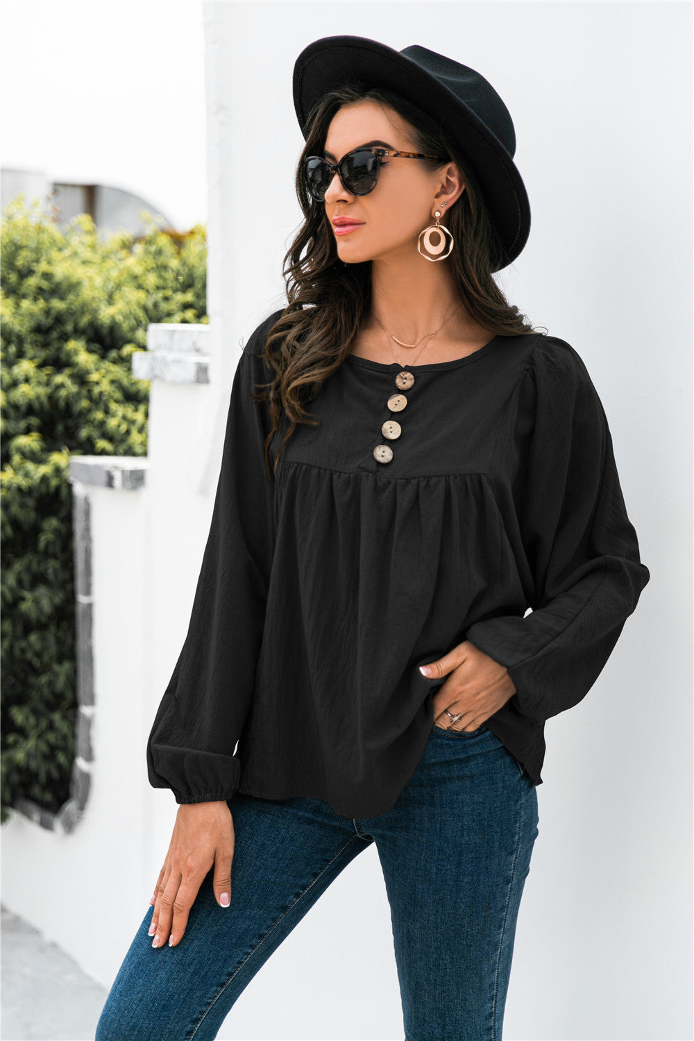 Button Up Balloon Sleeve Blouse - LOLA LUXE