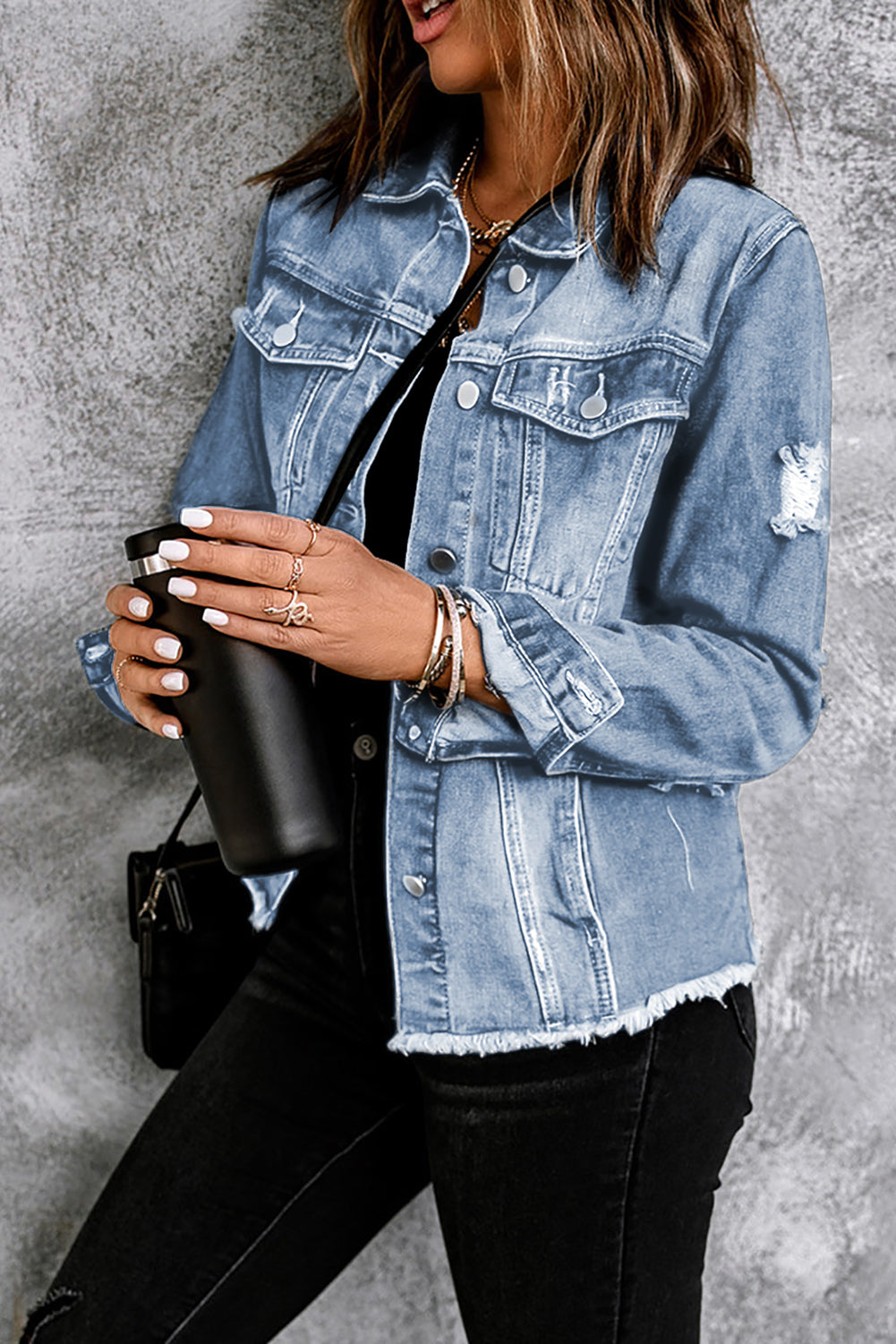 Distressed Raw Hem Denim Jacket - LOLA LUXE