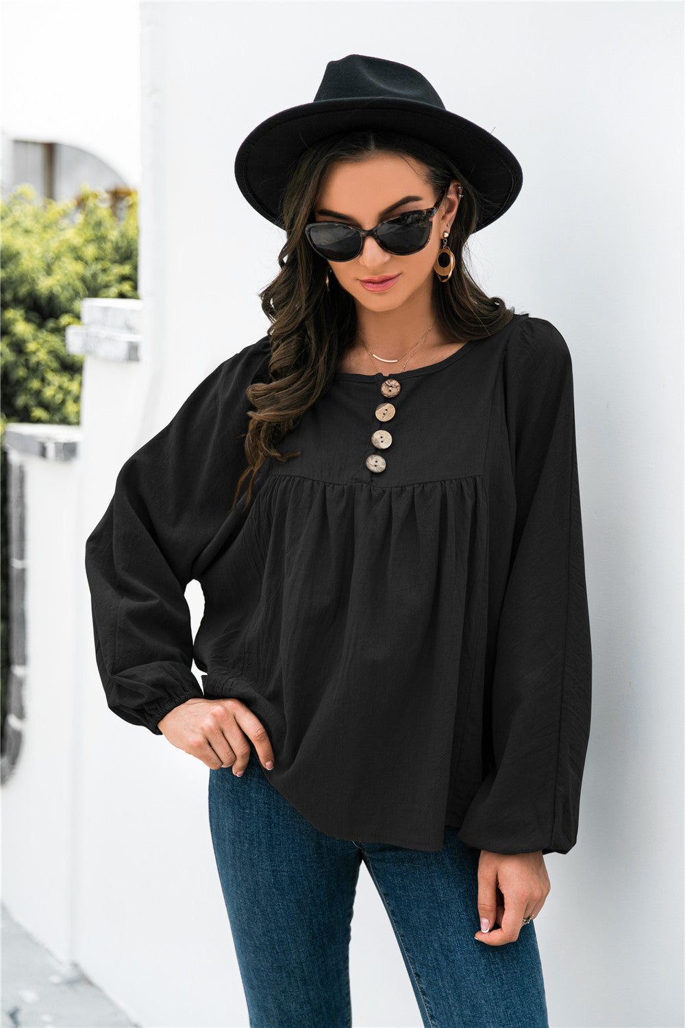 Button Up Balloon Sleeve Blouse - LOLA LUXE