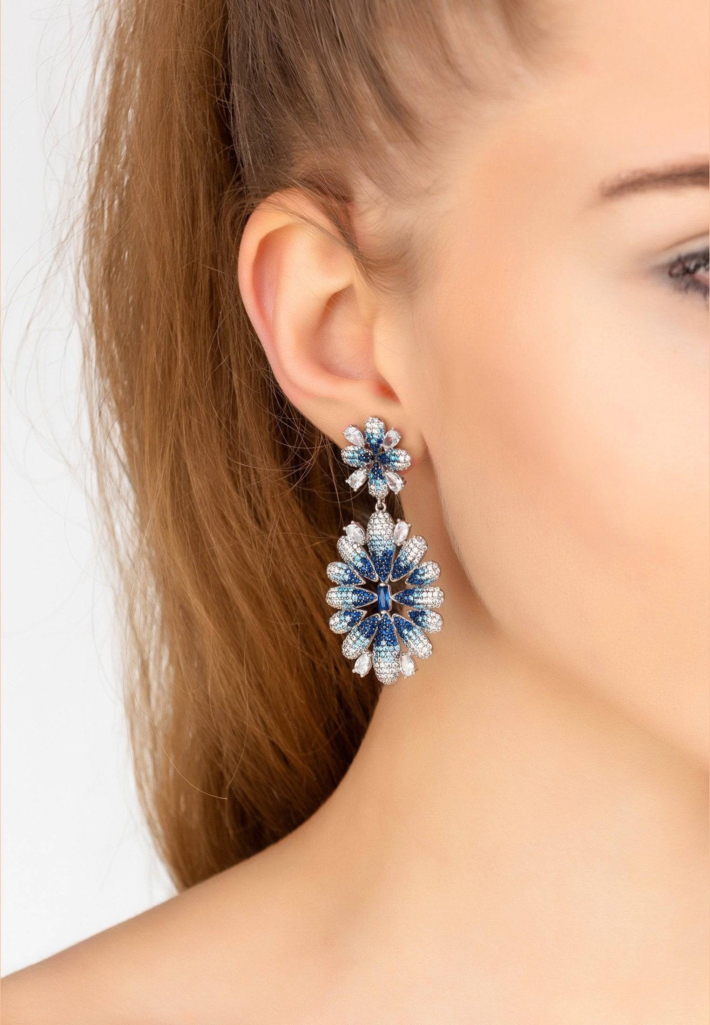 Babylon Ice Blue Gradient Flower Drop Earrings Silver - lolaluxeshop