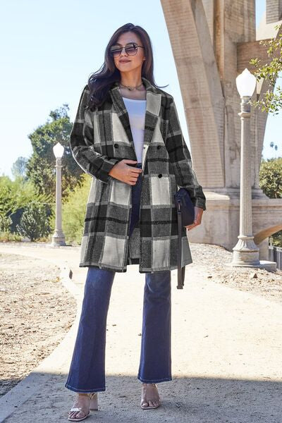 Double Take Full Size Plaid Button Up Lapel Collar Coat - lolaluxeshop