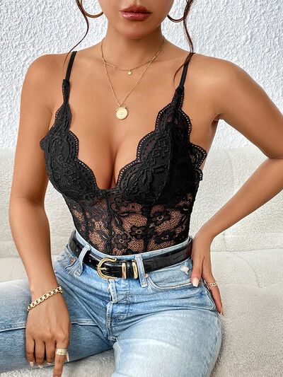 Lace V-Neck Spaghetti Strap Bodysuit - lolaluxeshop