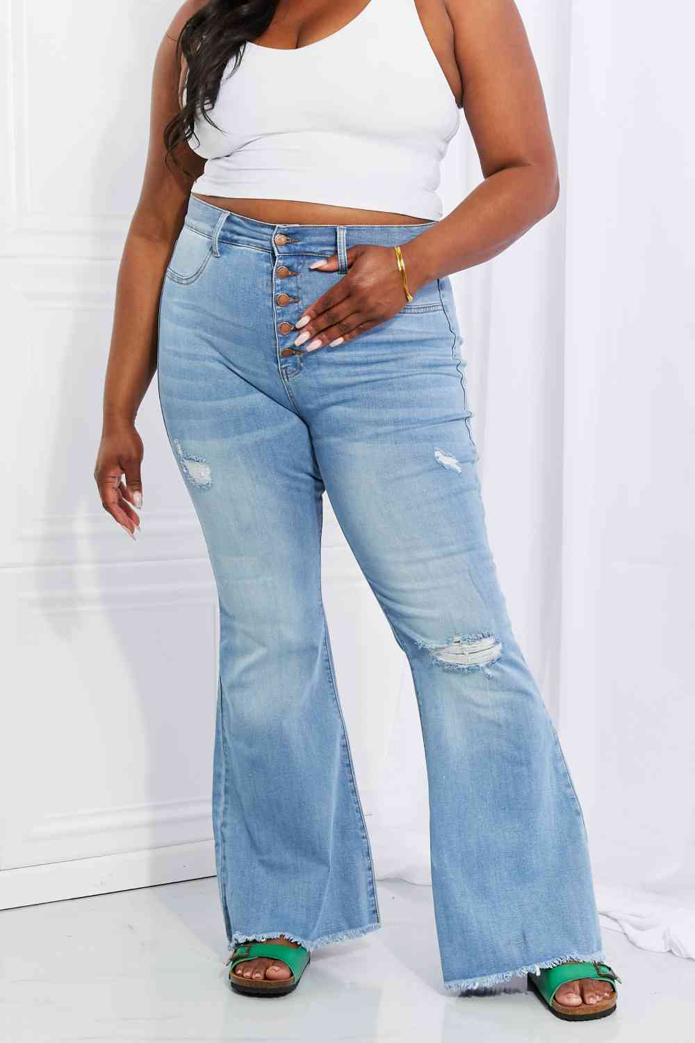 Vibrant MIU Full Size Jess Button Flare Jeans - lolaluxeshop